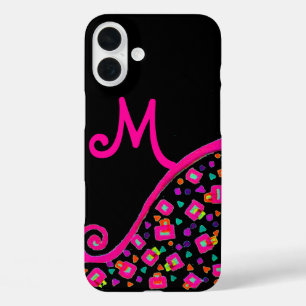COQUES iPhone 16 PLUS FUCHSIE ROSE NOIR DÉCO MONOGRAM ABSTRAIT