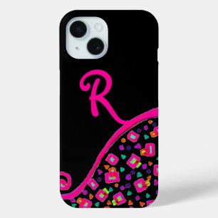 COQUE POUR iPhone 15 FUCHSIE ROSE NOIR DÉCO MONOGRAM ABSTRAIT