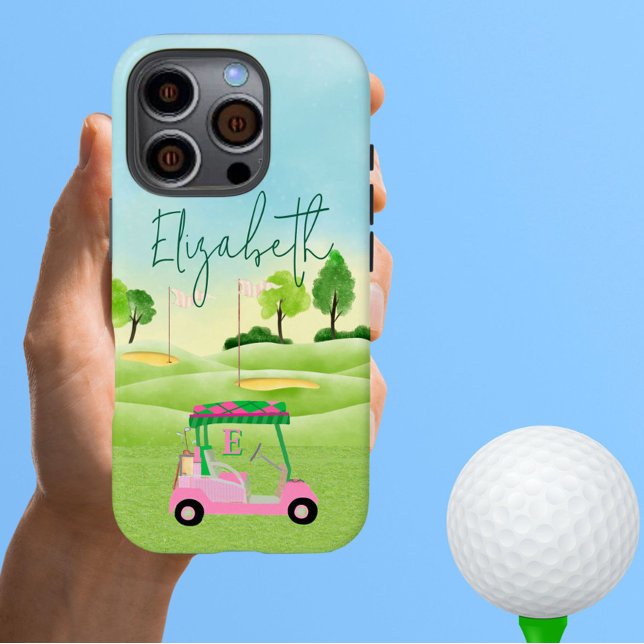 Coques Case-Mate iPhone Fun Lady Golfer Pink Cart Clubs Monogramme Nom (Créateur téléchargé)
