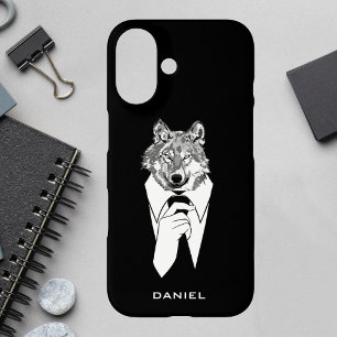 Coques iPhone 16 Funny Hipster Wolf avec Black Tuxedo Personnalisé
