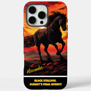 Coques iPhone 16 Pro Max Galeries de chevaux noirs au coucher du soleil