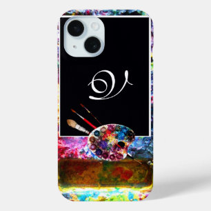 COQUE POUR iPhone 15 GAMME DE COULEURS D'ARTISTE ET PINCEAUX MONOGRAMME