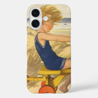 Garçon vintage jouant à la plage avec des jouets d