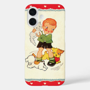 Coques iPhone 16 Garçon vintage tenant un chaton avec des chiots de