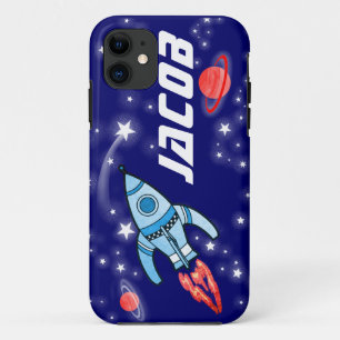 Coque iPhone 11 Garçons bleus de fusée spatiale de 5 lettres nommé