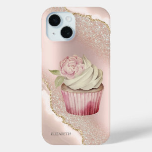 Coque Pour iPhone 15 Gâteau rose chic doré pailleté marbré