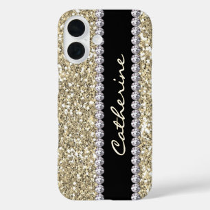 Coques iPhone 16 Gemmes de Parties scintillant d'or avec nom et mon
