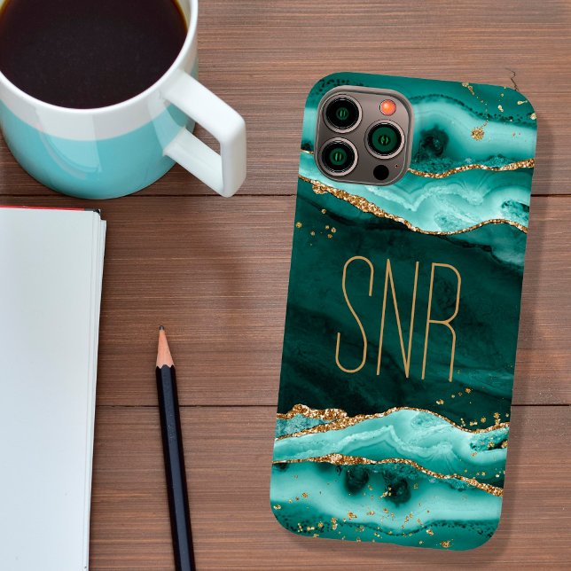 Coques Case-Mate iPhone Géode Agate Turquoise Monogramme Nom Parties scint (Créateur téléchargé)