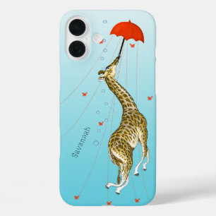 Coques iPhone 16 Plus Girafe Vintage mignonne avec parapluie sur Aqua