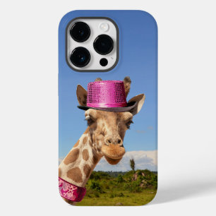 Coque Pour iPhone 14 Pro Giraffe en casquette rose étincelant