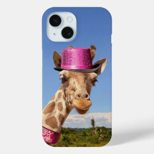Coque Pour iPhone 15 Giraffe en casquette rose étincelant