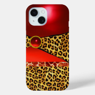 COQUE POUR iPhone 15 GIRAFFE LÉOPARD PEAU ROUGE GIRAFFE IMPRIMÉ GEMSTON