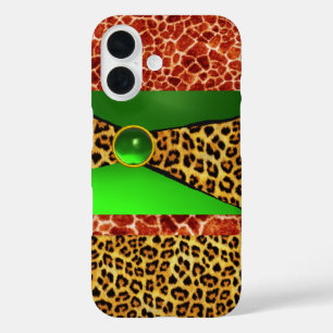 COQUES iPhone 16  GIRAFFE LÉOPARD PEAU VERT EMERALD GEM IMPRIMÉ