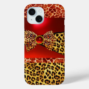 COQUE POUR iPhone 15 GIRAFFE LEOPARD SKIN BOW IMPRIMÉ, ROUGE RUBY GEMST