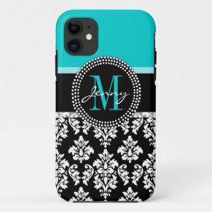 Coques Pour iPhone Girl Aqua Black Damask Votre nom de monogramme
