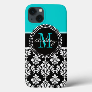 Case-Mate iPhone Case Girl Aqua Black Damask Votre nom de monogramme