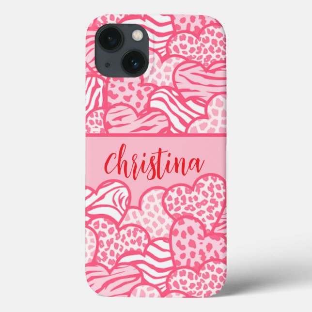Coques Case-Mate iPhone Girly Blush Rose mignon Animal Imprimer Coeurs Nom (Verso)