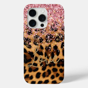 Coque iPhone 15 Pro Girly Chic Leopard Rose Gold Parties scintillant A
