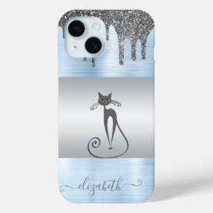 Coque Pour iPhone 15 Girly Élégant, Chat Paillettes Gouttes Bleu Métall