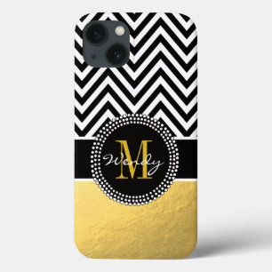 iPhone 13 Coque Girly Gold and Black Chevron Monogrammed