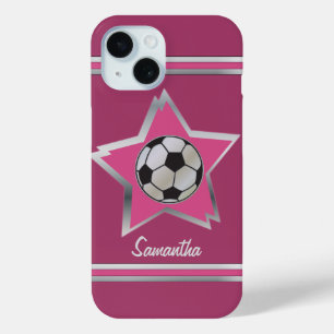 Coque Pour iPhone 15 Girly rose et Silver Effet Soccer Star