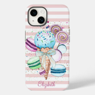 Coque Pour iPhone 14 Glace à l'aquarelle,Macarons,Rayes roses