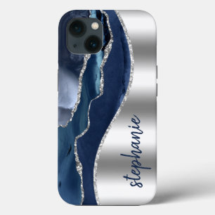 Case-Mate iPhone Case Glam Agate Geode Métallic Argent Bleu Nom