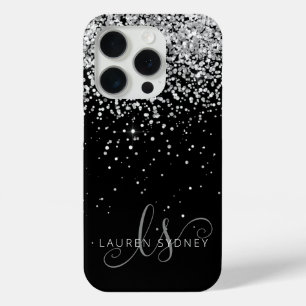 Coque iPhone 15 Pro Glam Black Silver Parties scintillant Nom du monog