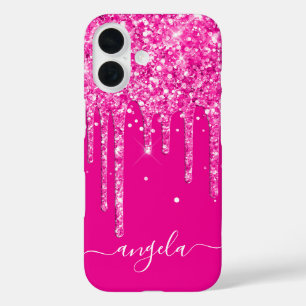 Coques iPhone 16 Glamour Signature gouttes de paillettes rose chaud