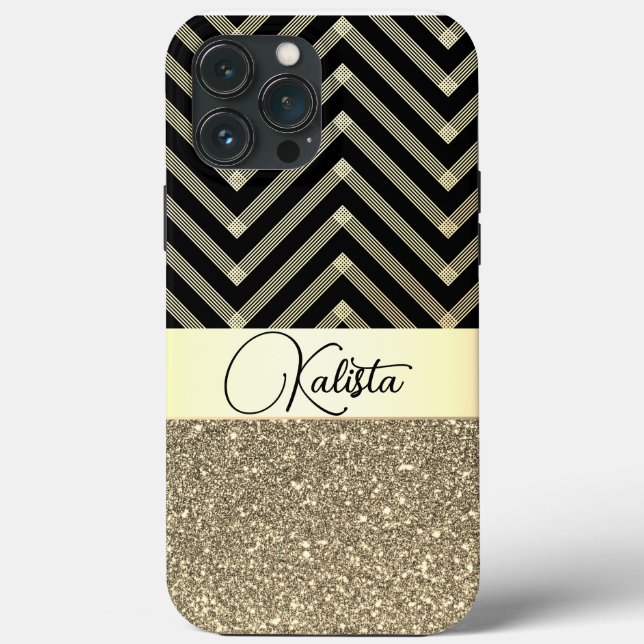 Coques Case-Mate iPhone Glittery Gold et Black Chevron Personnalisé (Verso)