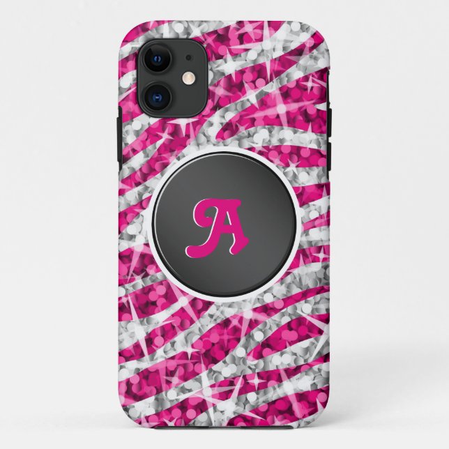 Coques Case-Mate iPhone Glitz Zebra rose monogramme iPhone noir (Dos)