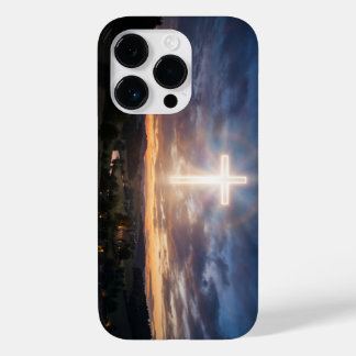 Coque Pour iPhone 14 Pro Glowing Christian Cross Sunset Sky iPhone Case
