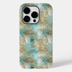 Coque Pour iPhone 14 Pro Gold Aqua White Feuilles tropicaux