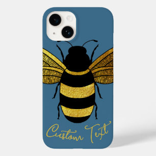 COQUE POUR iPhone 14 GOLD BLACK BUMBLEBEE SCRIPT TEXTE BEE DENIM BLUE
