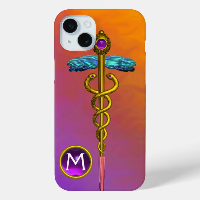Coques Case-Mate iPhone GOLD CADUCEUS MÉDICALE SYMBOLE Purple Gem Monogram (Verso)
