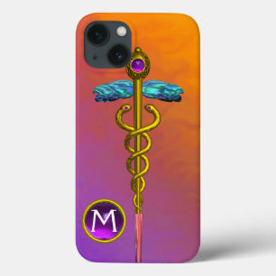 Etui iPhone 13 GOLD CADUCEUS MÉDICALE SYMBOLE Purple Gem Monogram