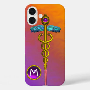 Coques iPhone 16 Plus GOLD CADUCEUS MÉDICALE SYMBOLE Purple Gem Monogram