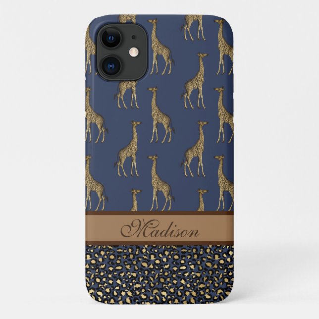 Coques Case-Mate iPhone Gold Giraffe Stylish Navy Bleu Script élégant (Dos)