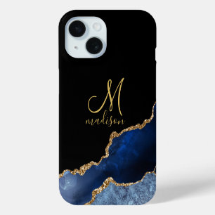 Coque Pour iPhone 15 Gold Monogram Marine Blue Gold Parties scintillant