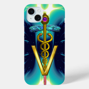 Coque iPhone 15 Mini GOLDEN CADUCEUS VETERINARY SYMBOLE / Teal Blue