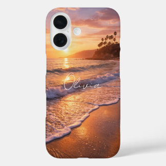 Coques iPhone 16 Golden Hour Beach Waves Photo Monogram iPhone Case