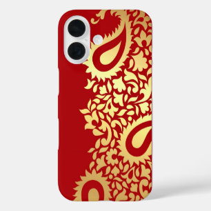Coques iPhone 16 Golden Red Paisleys Indian