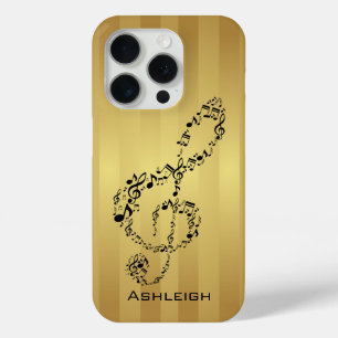 Coque iPhone 15 Pro Golden Stripes Black Treble Clef Notes musicales