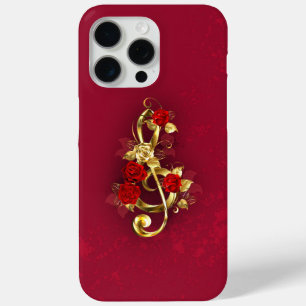 Coque iPhone 15 Pro Max Golden Treble Clef avec fleurs Roses