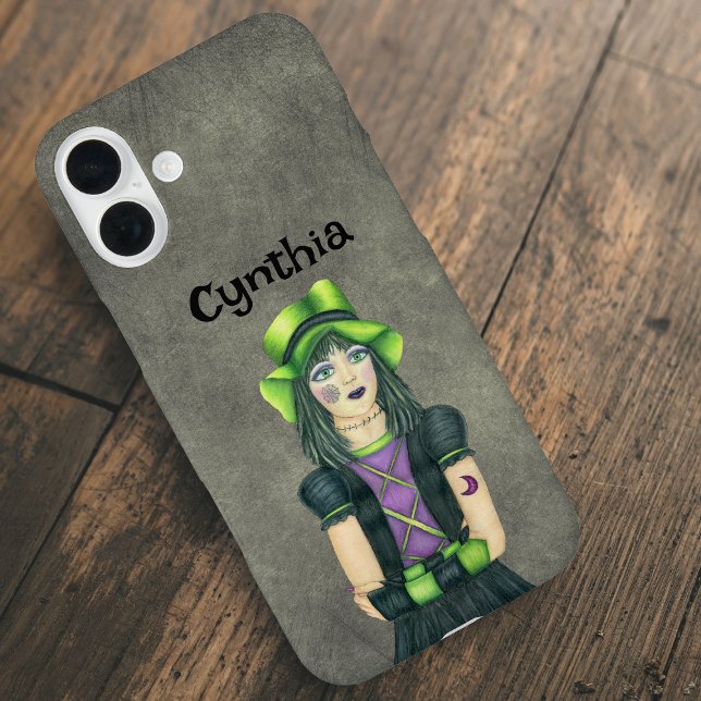Coques Case-Mate iPhone Goth Girl Green Black Hair Tattoos Grey (Goth girl green hat  and hair with spiderweb and moon tattoos on yellow grey iPhone case.)
