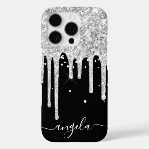 Coques iPhone 16 Pro Gouttes de paillettes argentées Signature Black Gl