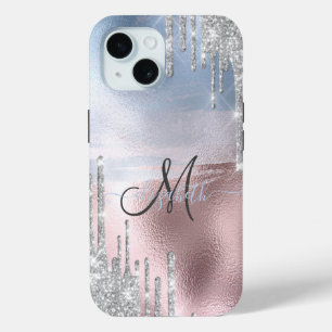 Coque Pour iPhone 15 Gouttes de paillettes argentées sur fond métallisé