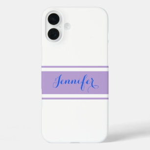 Coques iPhone 16 Plus Grand nom en écriture bleue, rayures lavande sur f