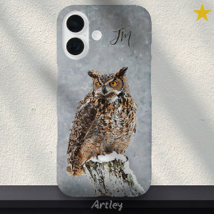 Coques iPhone 16 Grande Chouette à cornes Oiseau Peinture hivernale