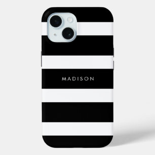 Coque Pour iPhone 15 Grandes bandes noires et blanches modernes Nom Mon